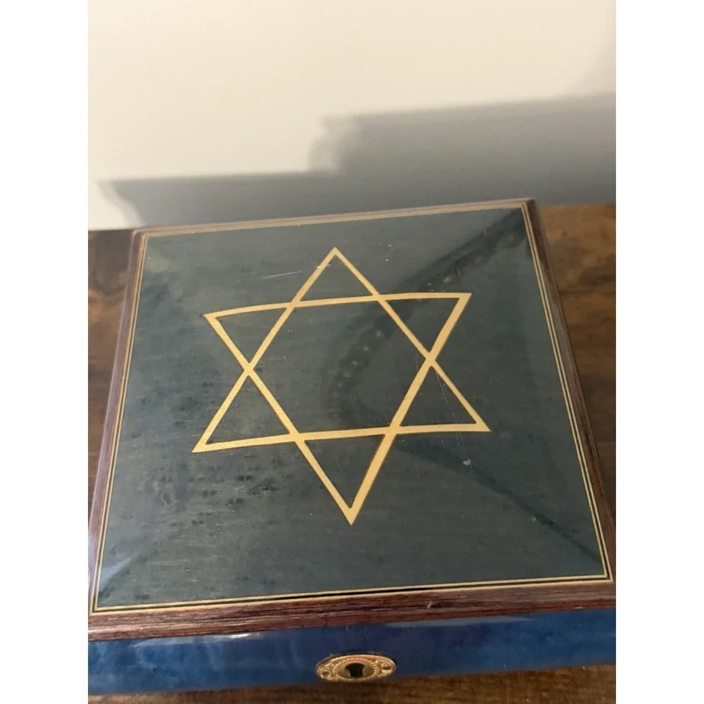 Vintage Star of David Musical Jewelry Box‎ Key Reuge Lever Blue Wood Locking